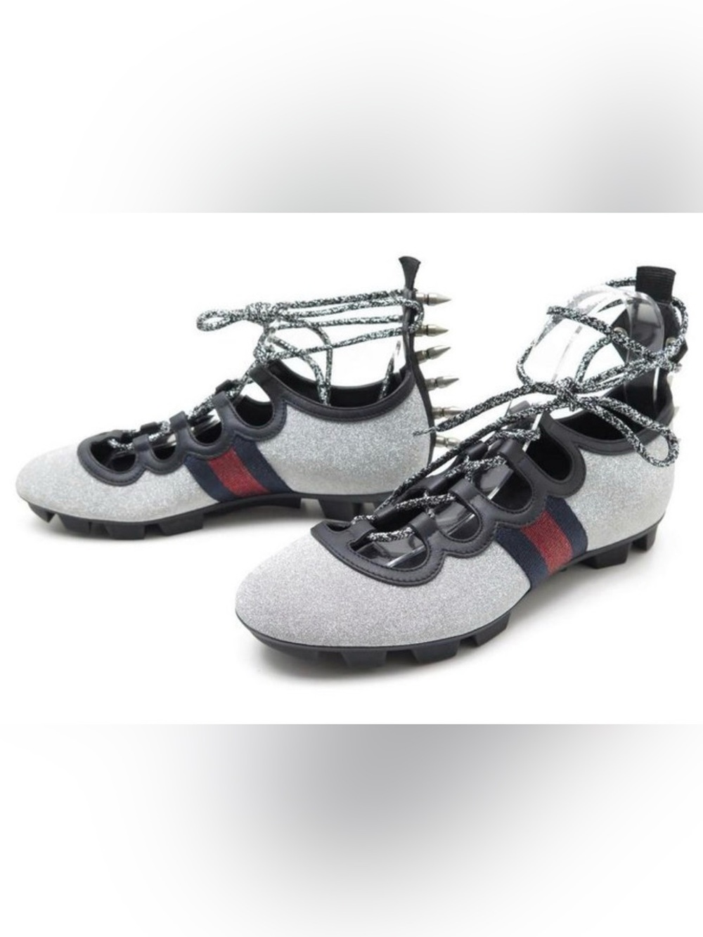 GUCCI TITAN GLITTER LACE UP SPIKE SNEAKERS SHOES Silvery Cloth size 39